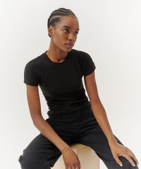 Black Pima Cotton Crew Neck Ruched Tee | Women's Cotton Short Sleeve Tee by ATM Anthony Thomas Melillo