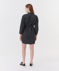Pinstripe Cotton Poplin Long Sleeve Shirt Dress - Black