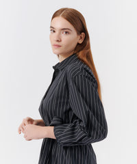 Pinstripe Cotton Poplin Long Sleeve Shirt Dress - Black