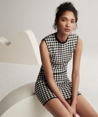 Black/ White Gingham Jacquard Sleeveless Crew Neck Knit | Women's Sweater by ATM Anthony Thomas Melillo