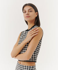 Black/ White Gingham Jacquard Sleeveless Crew Neck Knit | Women's Sweater by ATM Anthony Thomas Melillo