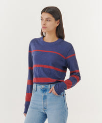 Chimney/ True Navy Slub Jersey Varigated Stripe Long Sleeve Destroyed Wash Crop Tee | Women's Long Sleeve Tee by ATM Anthony Thomas Melillo