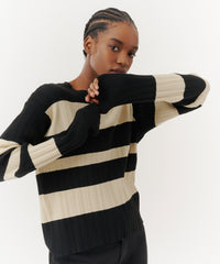 Linen/ Black Viscose Varigated Striped Long Sleeve Sweater | Women's Sweater by ATM Anthony Thomas Melillo
