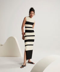 Linen/ Black Viscose Varigated Striped Maxi Dress | Women's Dress by ATM Anthony Thomas Melillo
