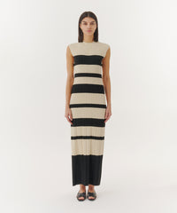 Linen/ Black Viscose Varigated Striped Maxi Dress | Women's Dress by ATM Anthony Thomas Melillo