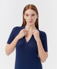 Navy Silk Cotton Blend Johnny Collar Sweater Dress | Women's Dress by ATM Anthony Thomas Melillo