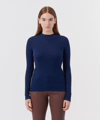 Navy Silk Cotton Blend Long Sleeve Mockneck Sweater | Women's Top by ATM Anthony Thomas Melillo