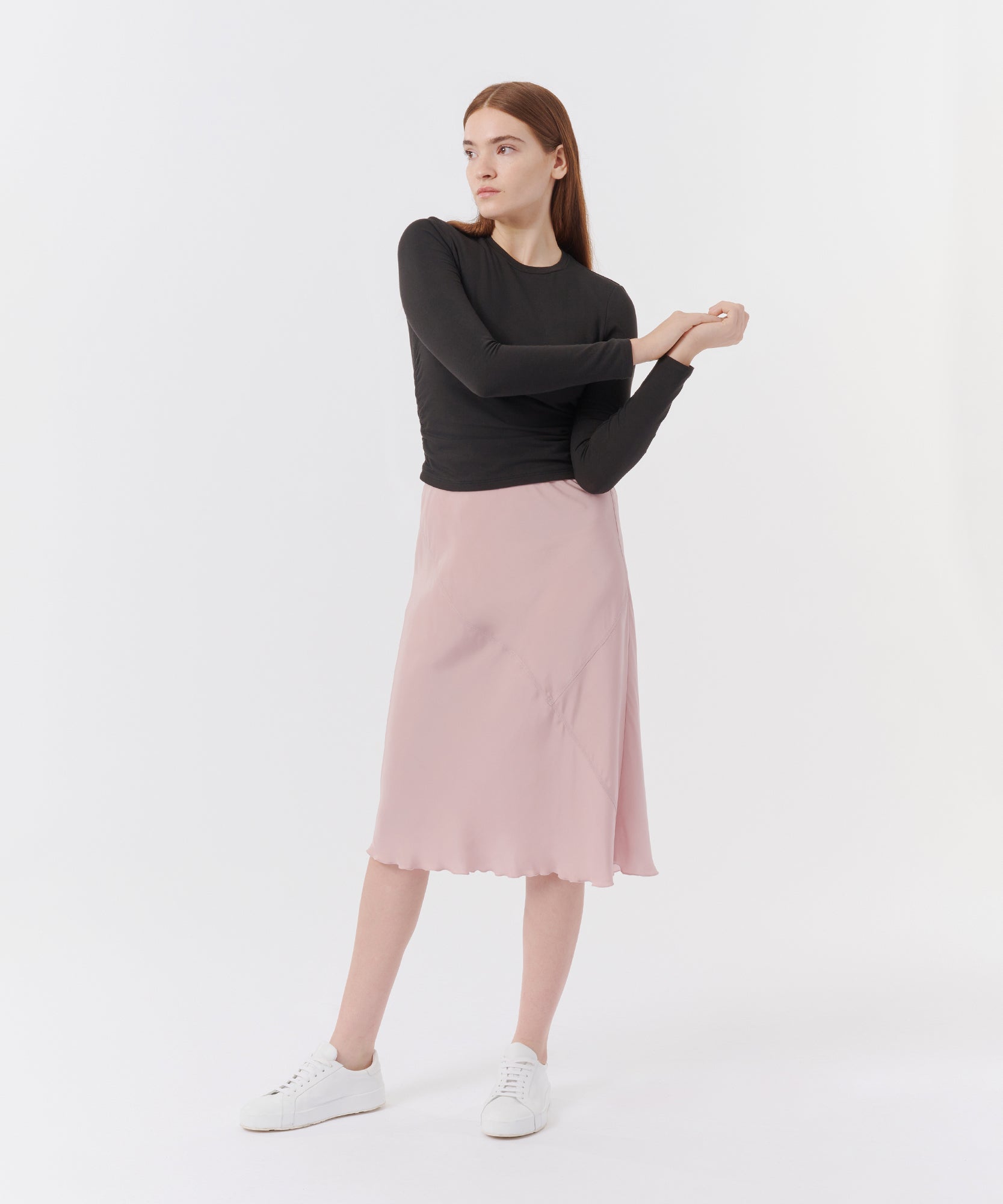 Matte Silk Charmeuse Bias Midi Skirt - Pink Lilac