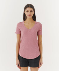 Summer Rose Slub Jersey Classic V-Neck Tee | Women's Cotton Short Sleeve Tee by ATM Anthony Thomas Melillo
