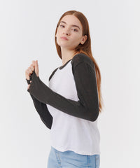 White/ Black Slub Jersey Long Sleeve Destroyed Baseball Tee | Women's Cotton Long Sleeve Tee by ATM Anthony Thomas Melillo