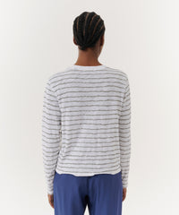White/ Grey Stripes Slub Jersey Long Sleeve Destroyed Wash Crop Tee | Women's Top by ATM Anthony Thomas Melillo