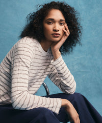 White/ Grey Stripes Slub Jersey Long Sleeve Destroyed Wash Crop Tee | Women's Top by ATM Anthony Thomas Melillo
