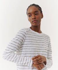 White/ Grey Stripes Slub Jersey Long Sleeve Destroyed Wash Crop Tee | Women's Top by ATM Anthony Thomas Melillo