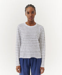 White/ Grey Stripes Slub Jersey Long Sleeve Destroyed Wash Crop Tee | Women's Top by ATM Anthony Thomas Melillo
