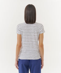 White/ Grey Stripes Slub Jersey Schoolboy Crew Neck Tee | Women's Cotton Short Sleeve Tee by ATM Anthony Thomas Melillo