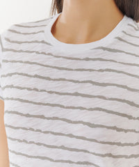 White/ Grey Stripes Slub Jersey Schoolboy Crew Neck Tee | Women's Cotton Short Sleeve Tee by ATM Anthony Thomas Melillo