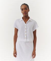 White Linen Camp Frayed Shirt | Women's Top by ATM Anthony Thomas Melillo