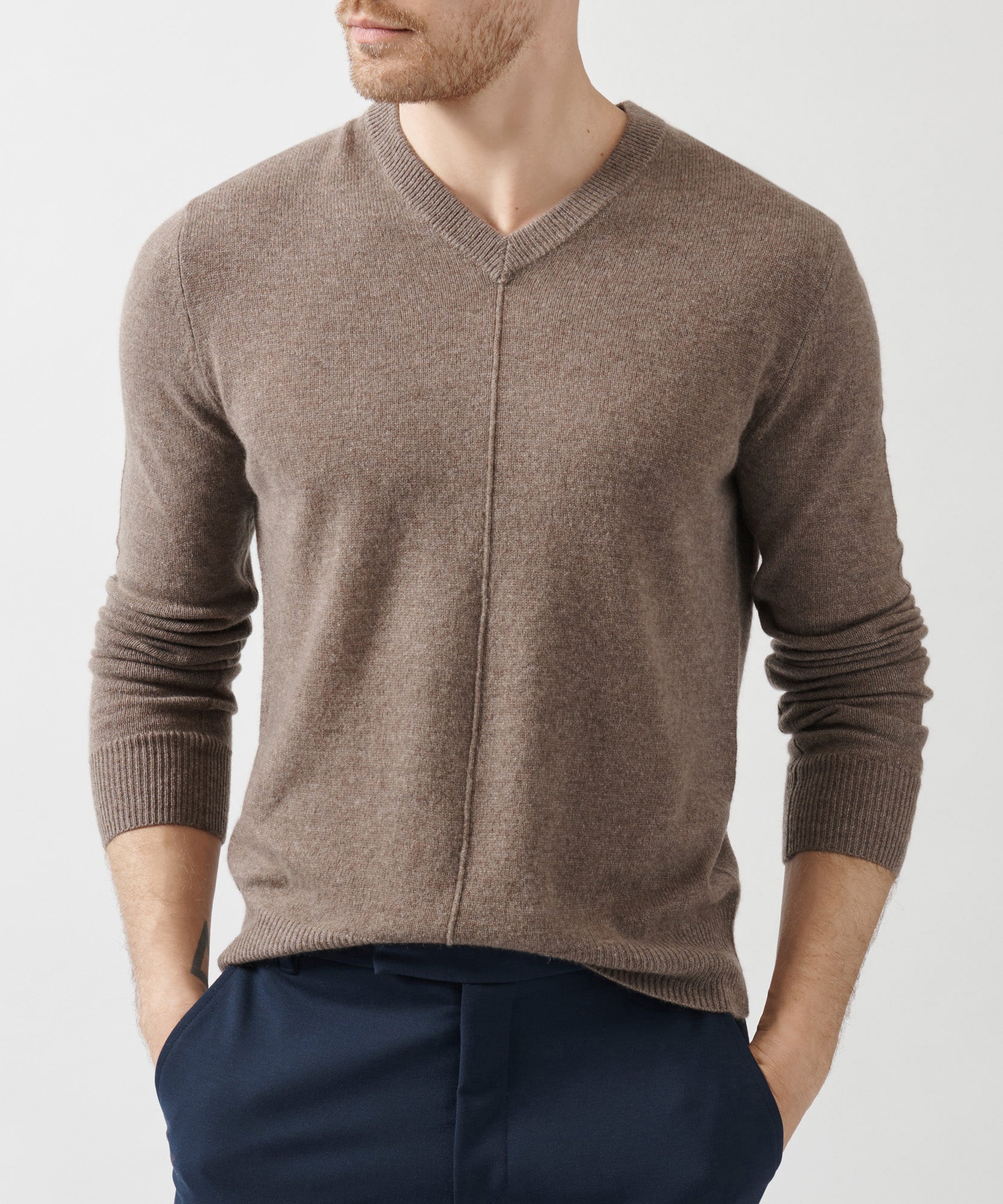 Recycled Cashmere Exposed Seam V-Neck Sweater - Barley