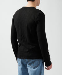 Black Slub Jersey Destroyed Wash Henley | Men's Cotton Long Sleeve Tee by ATM Anthony Thomas Melillo