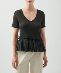 Black Slub Jersey Mixed Media Peplum Top | Women's Top by ATM Anthony Thomas Melillo