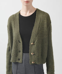 Deep Artichoke Wool Blend Jacquard Cropped Cardigan | Women's Sweater by ATM Anthony Thomas Melillo