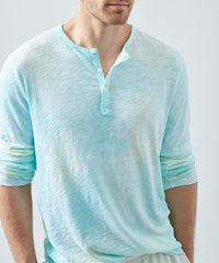 Empress Teal Slub Jersey Destroyed Wash Henley | Men's Cotton Long Sleeve Tee by ATM Anthony Thomas Melillo