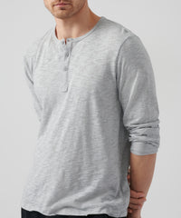 Heather Grey Slub Jersey Destroyed Wash Henley | Men's Cotton Long Sleeve Tee by ATM Anthony Thomas Melillo
