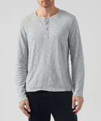Heather Grey Slub Jersey Destroyed Wash Henley | Men's Cotton Long Sleeve Tee by ATM Anthony Thomas Melillo