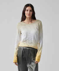 Honey Gold/ White/ Dune Bar Slub Jersey Long Sleeve Destroyed Wash Tee | Women's Cotton Long Sleeve Tee by ATM Anthony Thomas Melillo