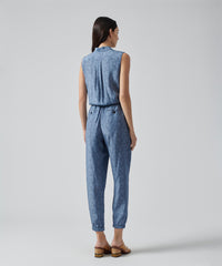 Naval Blue Combo Silk Charmeuse Sleeveless Jumpsuit | Women's Jumpsuit by ATM Anthony Thomas Melillo
