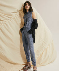 Naval Blue Combo Silk Charmeuse Sleeveless Jumpsuit | Women's Jumpsuit by ATM Anthony Thomas Melillo