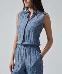 Naval Blue Combo Silk Charmeuse Sleeveless Jumpsuit | Women's Jumpsuit by ATM Anthony Thomas Melillo