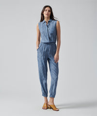 Naval Blue Combo Silk Charmeuse Sleeveless Jumpsuit | Women's Jumpsuit by ATM Anthony Thomas Melillo