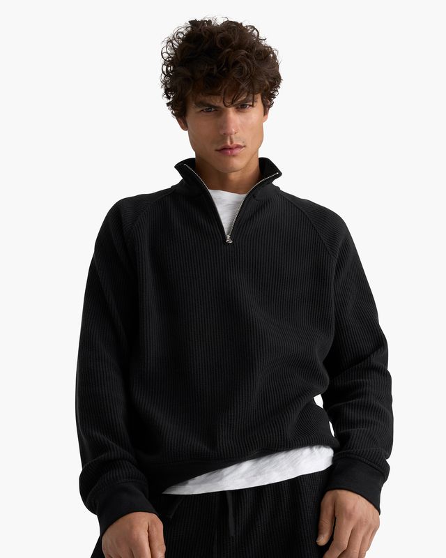 Cotton Waffle Quarter Zip - Black