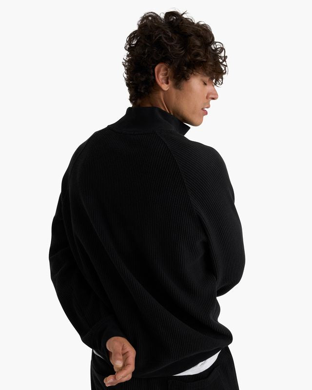 Cotton Waffle Quarter Zip - Black
