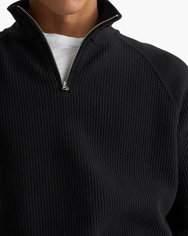 Cotton Waffle Quarter Zip - Black