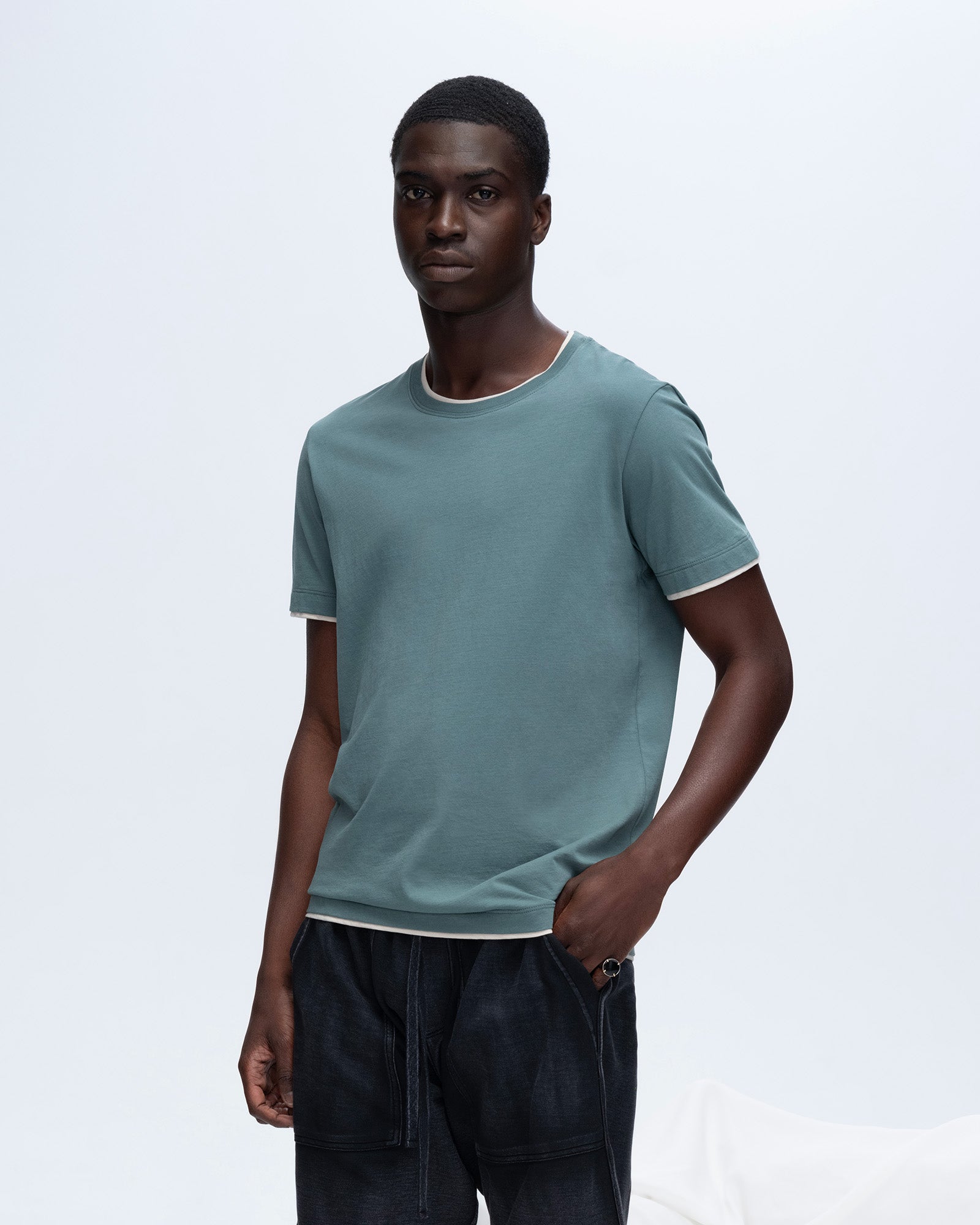 Classic Jersey Double Trim Short Sleeve Crew Neck Tee - Spring Eucalyptus-Soft Beige