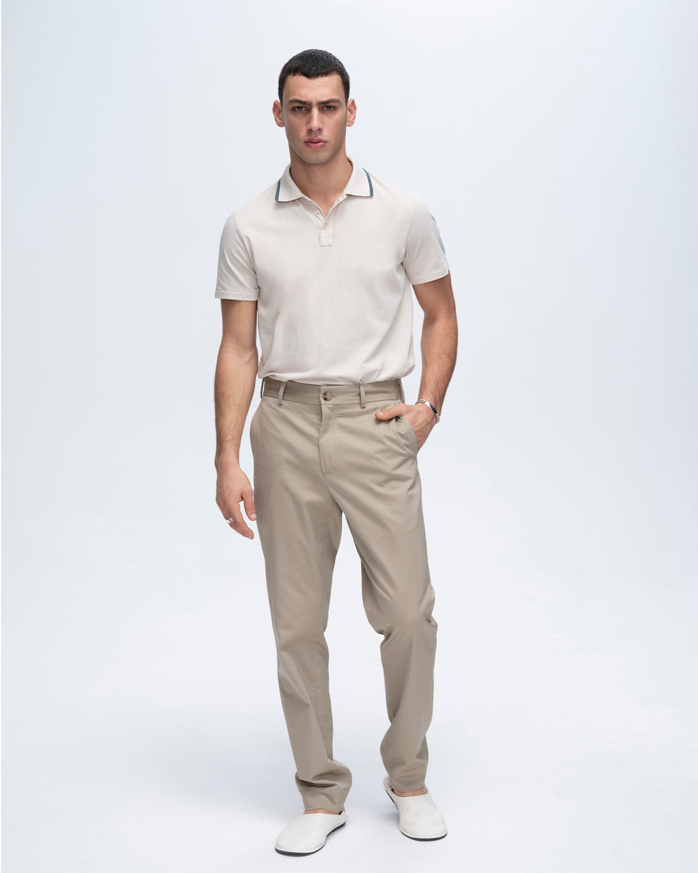 Classic Jersey Short Sleeve Polo with Tipping - Soft Beige-Spring Eucalyptus