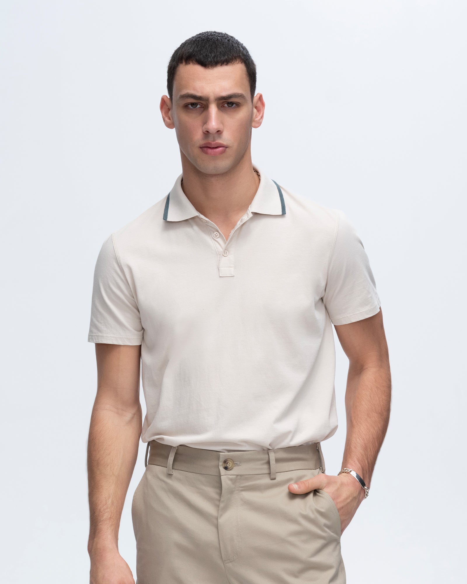 Classic Jersey Short Sleeve Polo with Tipping - Soft Beige-Spring Eucalyptus