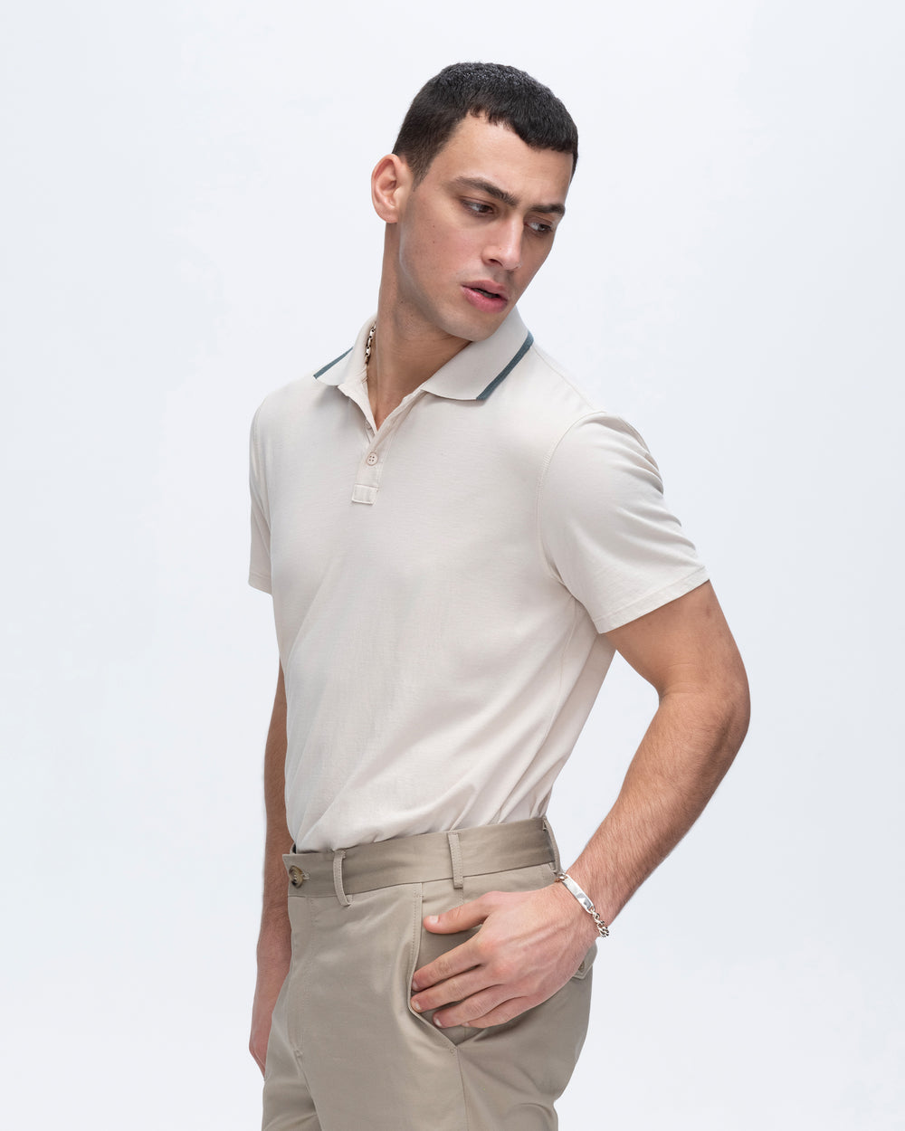 Classic Jersey Short Sleeve Polo with Tipping - Soft Beige-Spring Eucalyptus