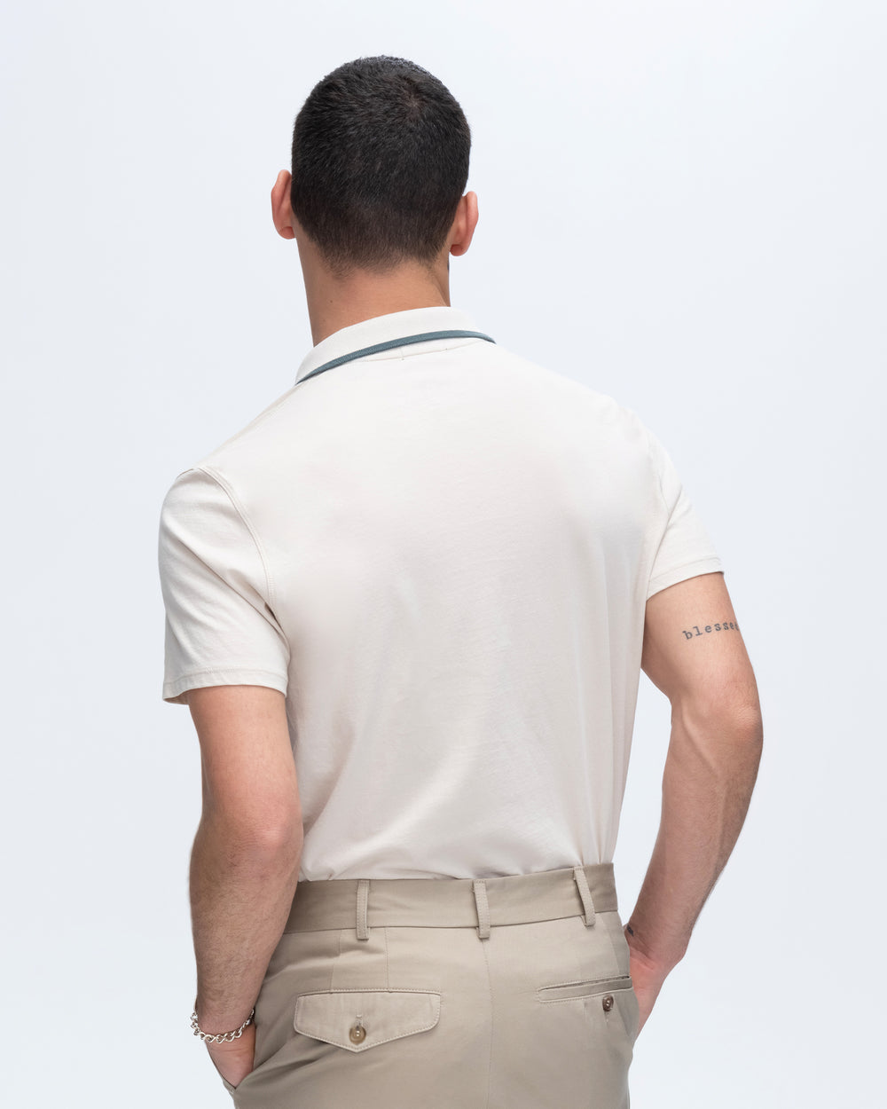 Classic Jersey Short Sleeve Polo with Tipping - Soft Beige-Spring Eucalyptus