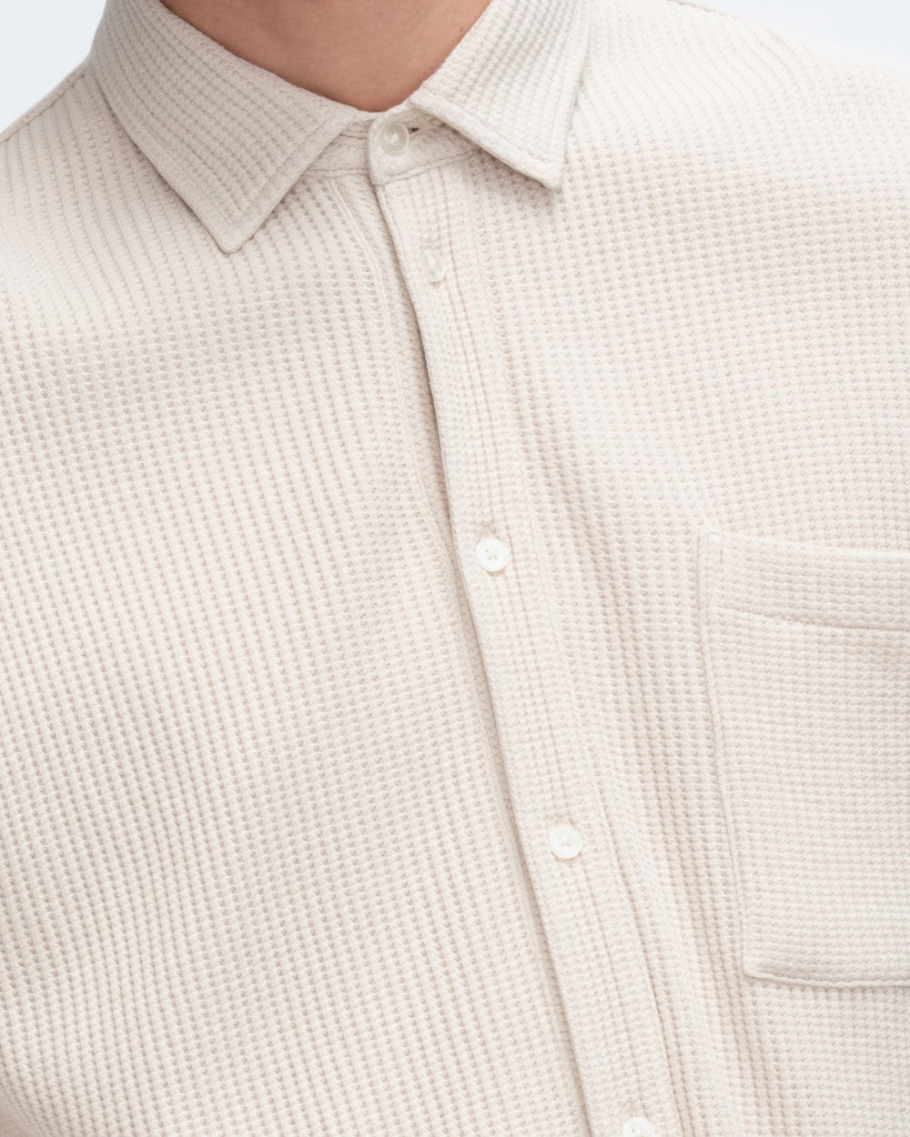 Waffle Short Sleeve Button Front Pocket Shirt - Soft Beige