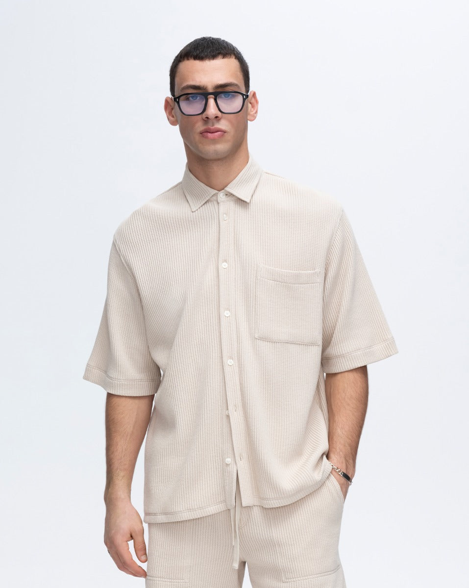 Waffle Short Sleeve Button Front Pocket Shirt - Soft Beige