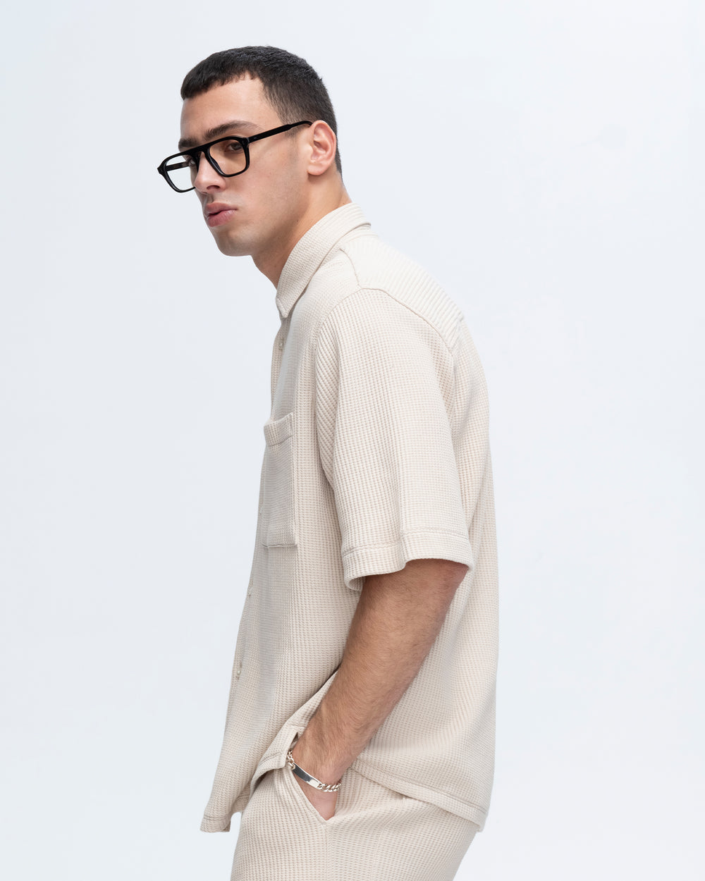 Waffle Short Sleeve Button Front Pocket Shirt - Soft Beige