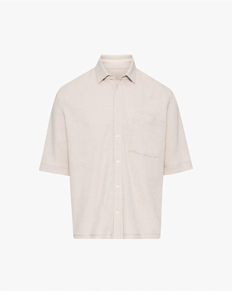 Waffle Short Sleeve Button Front Pocket Shirt - Soft Beige