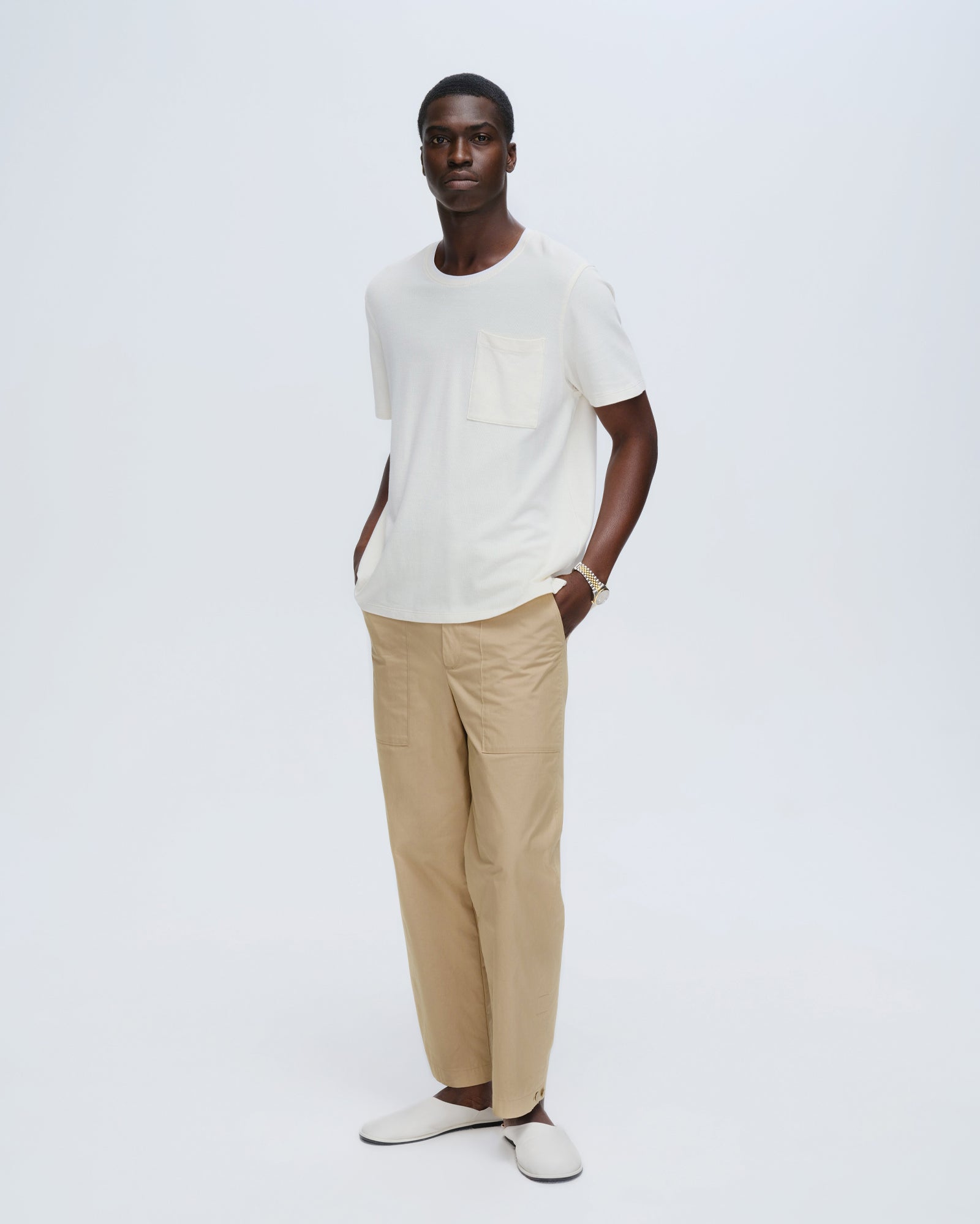 Pique Short Sleeve Crew Neck Pocket Tee with Tipping - Chalk-White