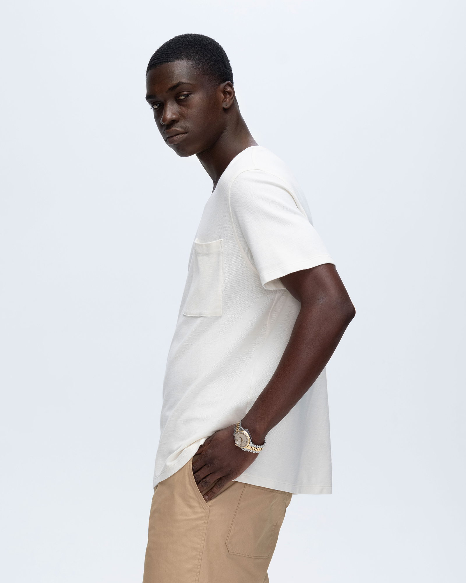 Pique Short Sleeve Crew Neck Pocket Tee with Tipping - Chalk-White