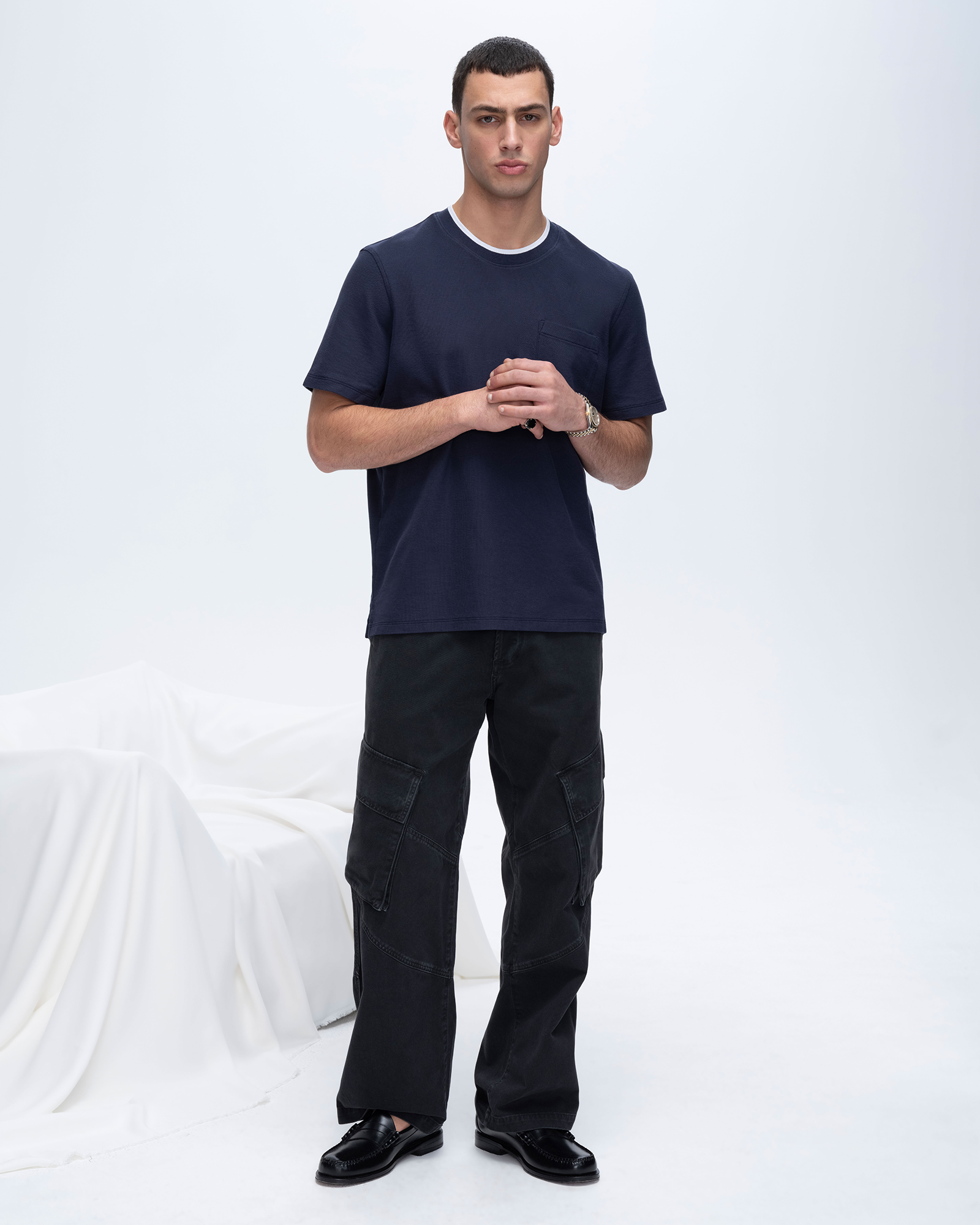 Pique Short Sleeve Crew Neck Pocket Tee with Tipping - Navy-White