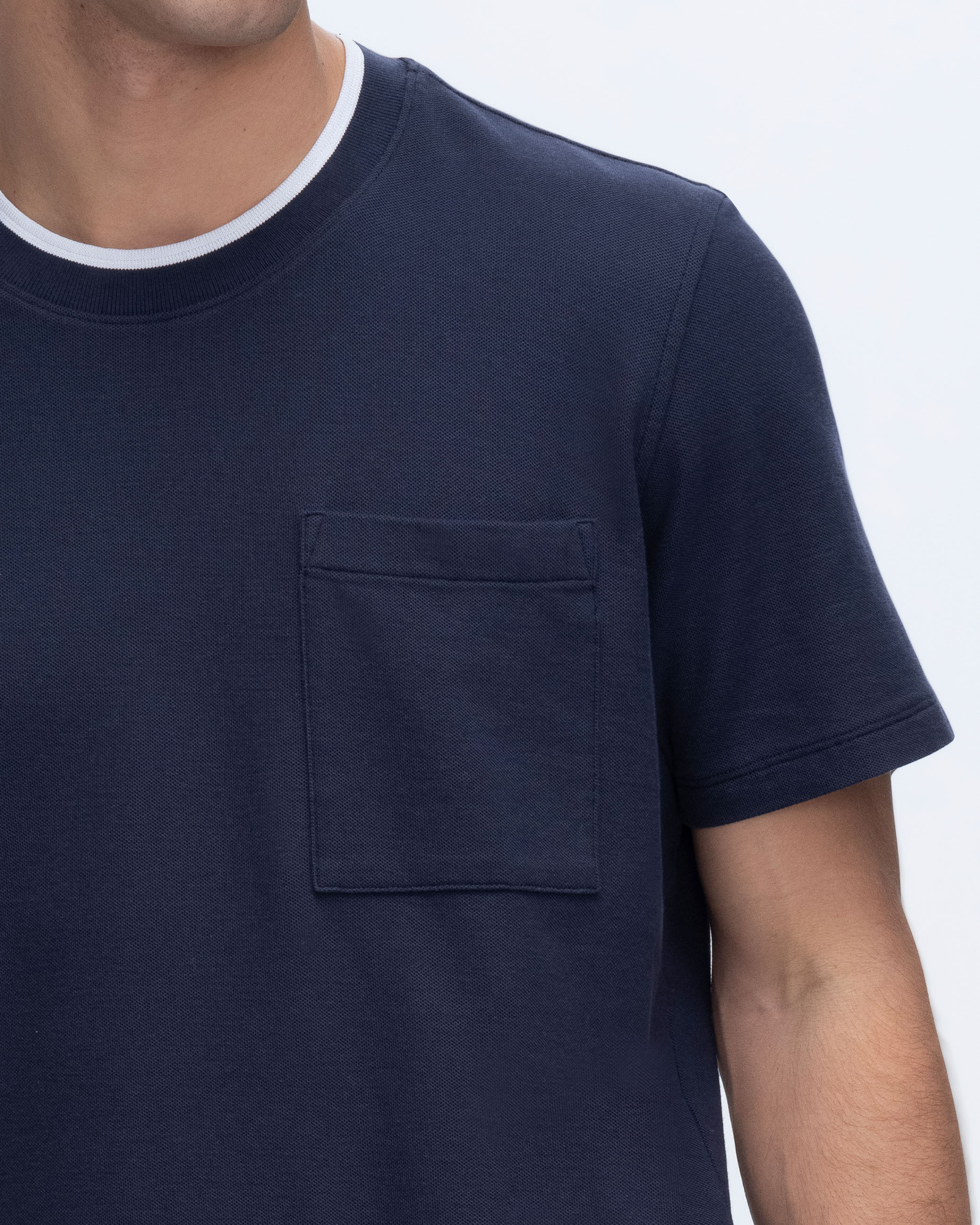 Pique Short Sleeve Crew Neck Pocket Tee with Tipping - Navy-White