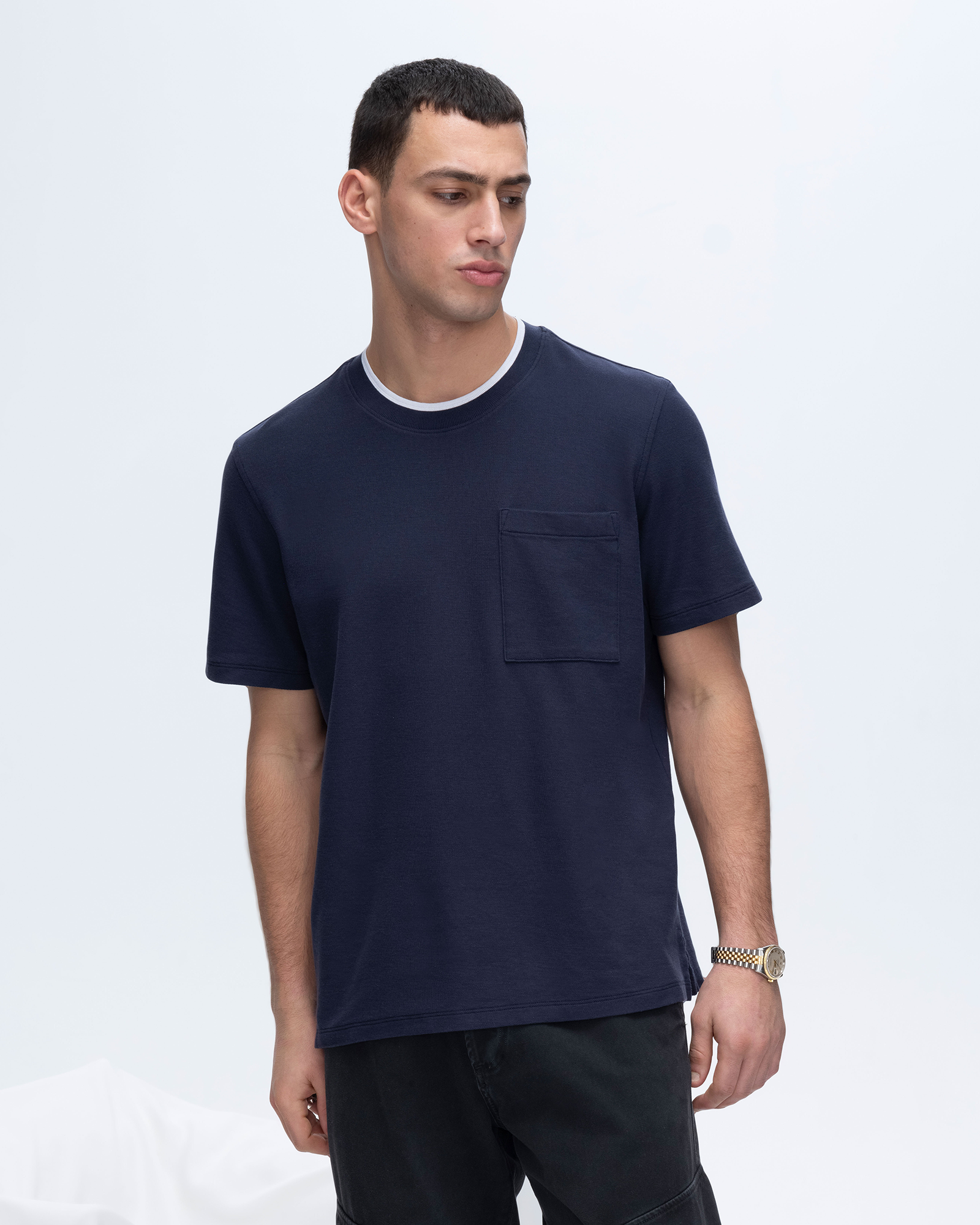 Pique Short Sleeve Crew Neck Pocket Tee with Tipping - Navy-White